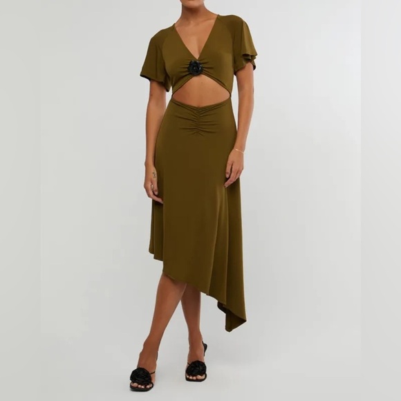 WeWoreWhat Asymmetrical Cutout Midi Dress Sz M Olive Green Knit Stretch Dress - Picture 1 of 11